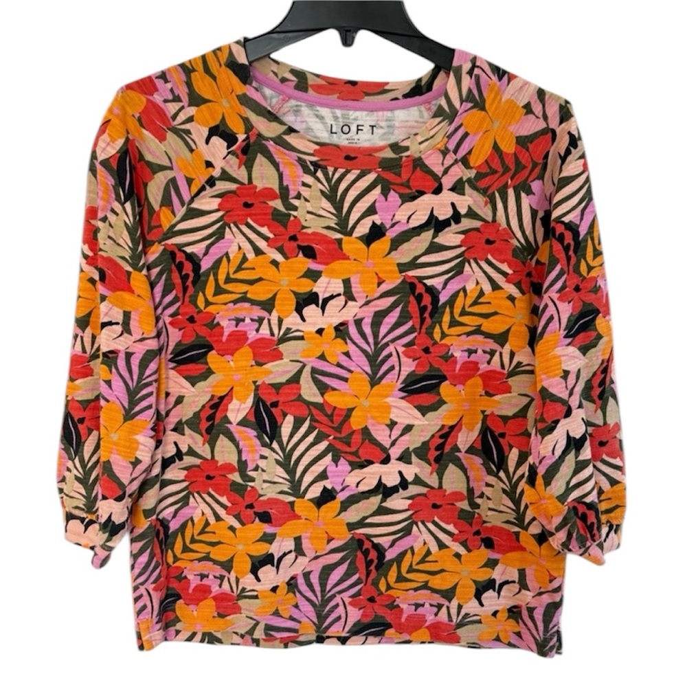 LOFT | Tropical Floral Orange Pink Lightweight Sweatshirt Crew Neck Top Blouse